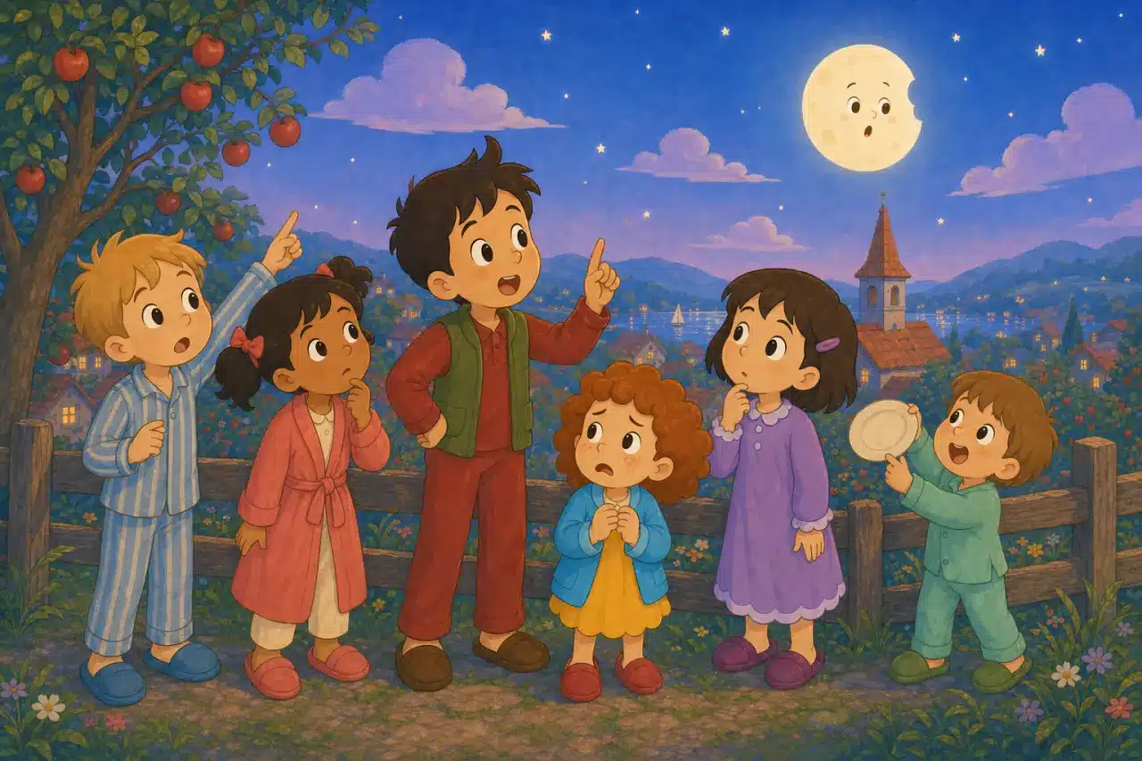 Los seis niños se reúnen junto al huerto mientras Jack anuncia que la Luna tiene hipo.