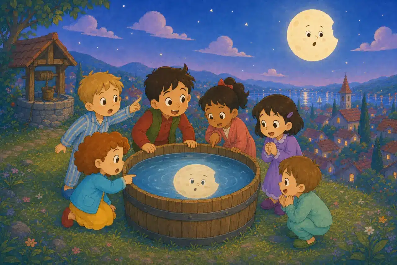 Los niños colocan un cubo enorme hasta que la Luna pálida aparece perfectamente reflejada en el agua.