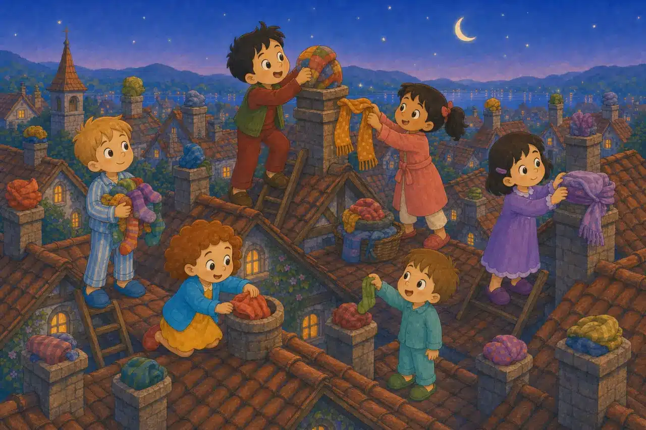 Los niños tapan las chimeneas de Lakehill con bufandas, mantas, calcetines y trapos de colores.