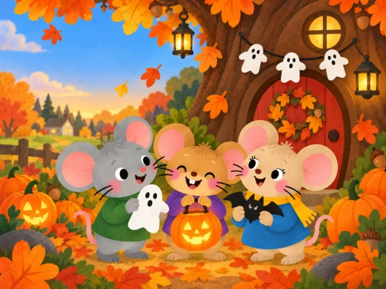 Milo, Pippa, and Nibbles outside their decorated oak-tree house for Halloween