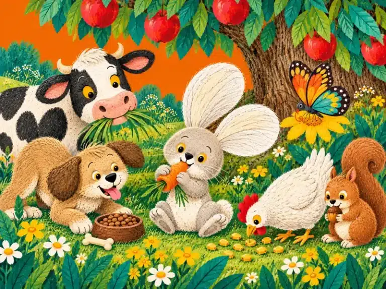 Zajo eats a carrot beneath the apple tree while Cow, Dog, Hen, Squirrel and Butterfly enjoy grass, kibble, a bone, corn, a nut and nectar.