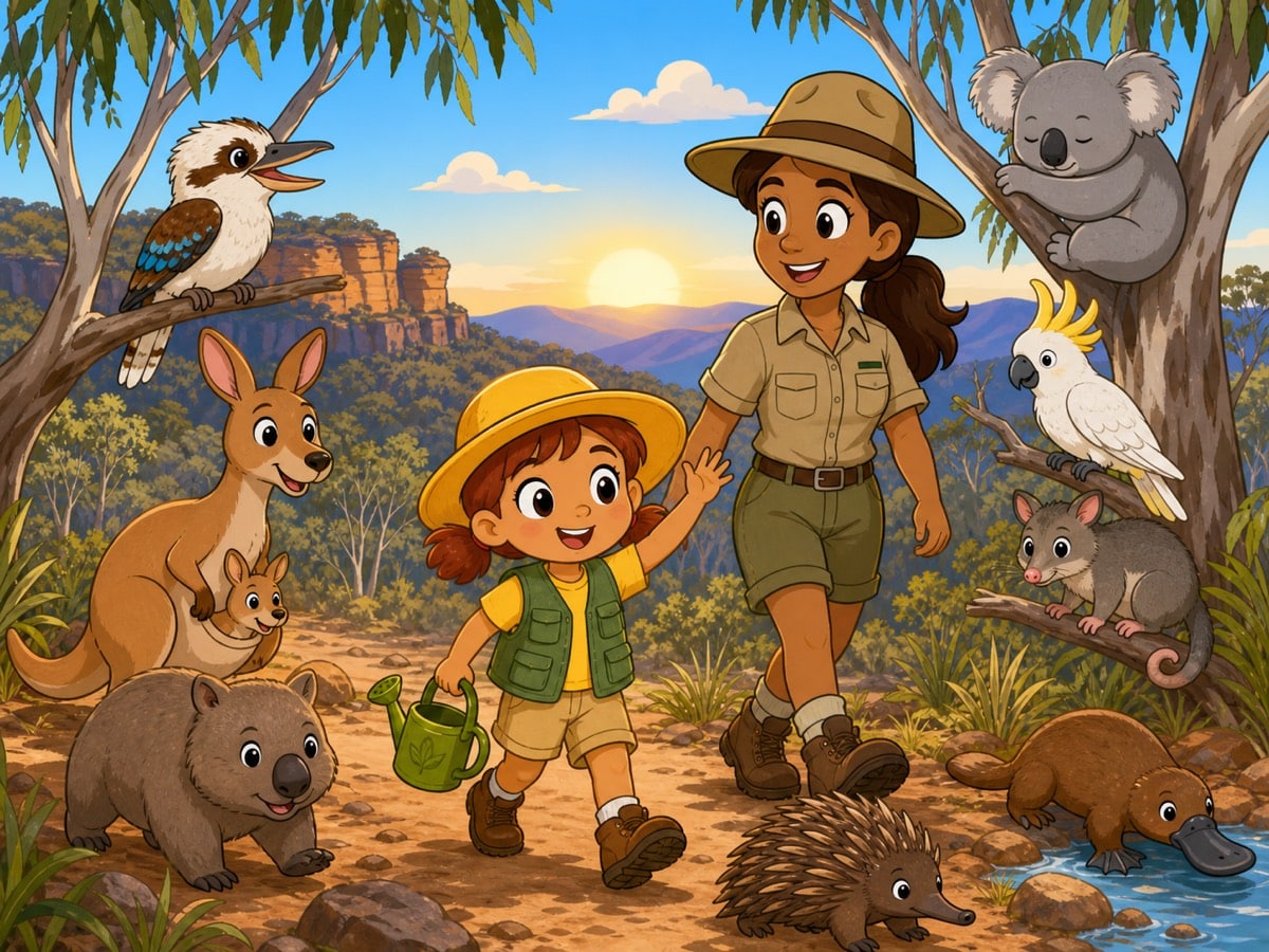 Tilly and Auntie Kylie lead a cheerful parade of Australian animals through Blue Mountains National Park.