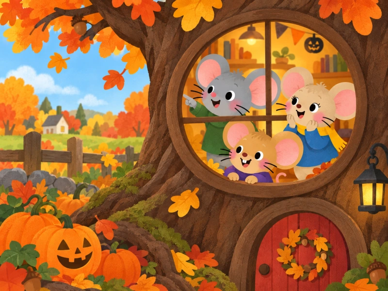 Milo, Pippa, and Nibbles look out of their oak-tree house on an autumn morning