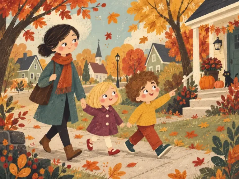 Brian and Mia walking home with Mom through their pumpkin-decorated neighborhood in autumn