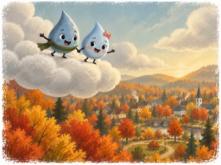 Rainy and Raina stand on a soft gray cloud above a colorful autumn town, ready for their adventure