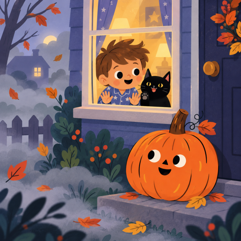 Ollie and Shushu the black cat look out at a foggy Halloween morning while Tappy the pumpkin waits by the door.