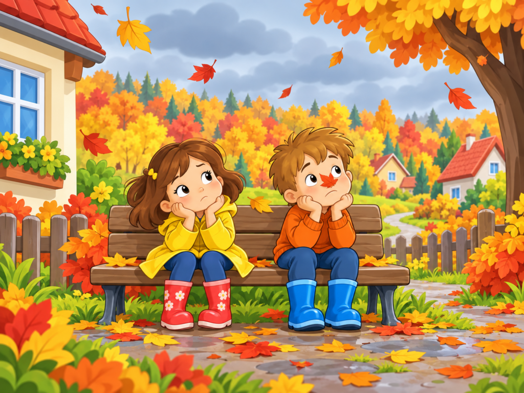 A gray autumn morning: Nina and Timo sit bored on a bench while leaves fall.