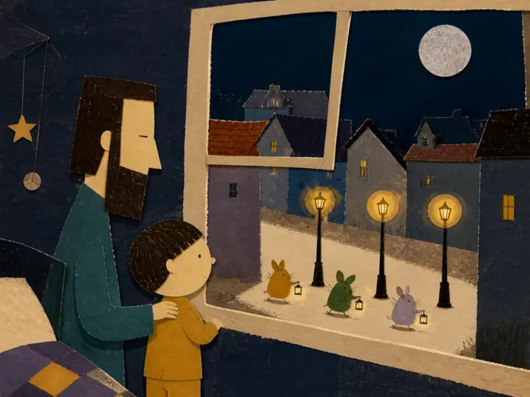 Three Little Lamplings carry glowing lanterns beneath golden streetlamps while Theo watches from his bedroom window.