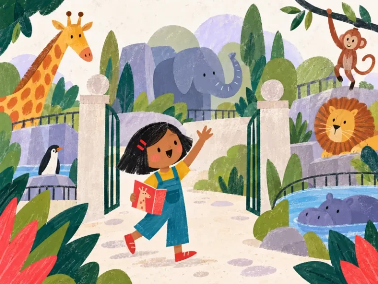 Mia arrives at the zoo and waves hello while six friendly animals peek from their habitats.
