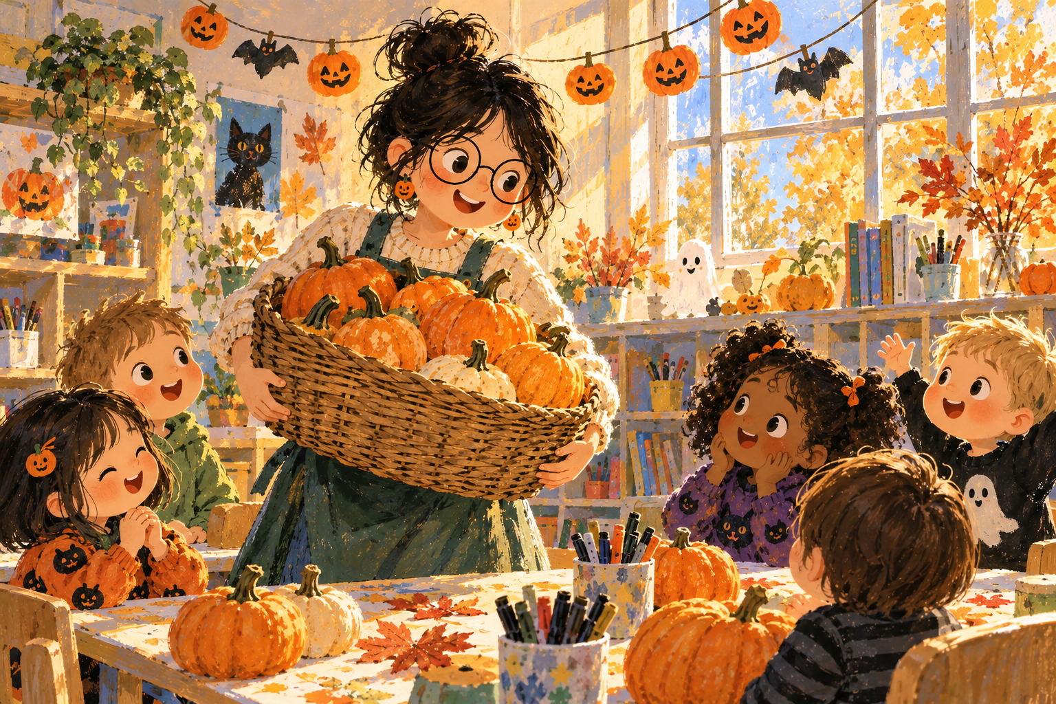 Miss Hazel brings a big basket of pumpkins to excited preschool children.