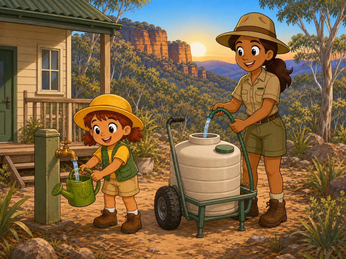 Tilly fills her green watering can while Auntie Kylie prepares a larger water tank beside the ranger cottage.