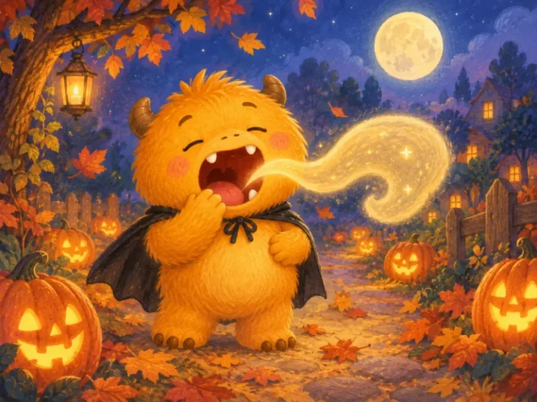 Yawnkin wearing a little black cape yawns on a moonlit Halloween path among glowing pumpkins