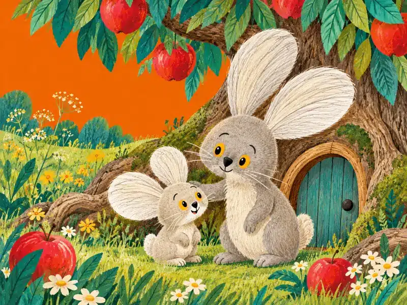 Zajo and Mummy Rabbit stand beside their cozy home beneath a large apple tree.