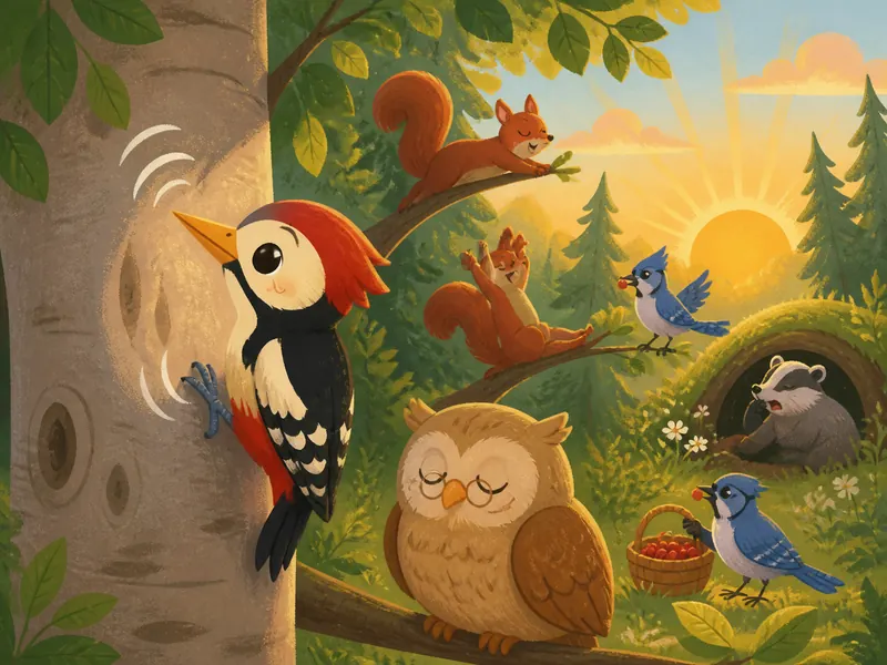 Danny the woodpecker drums on a beech tree while the forest animals wake at sunrise.