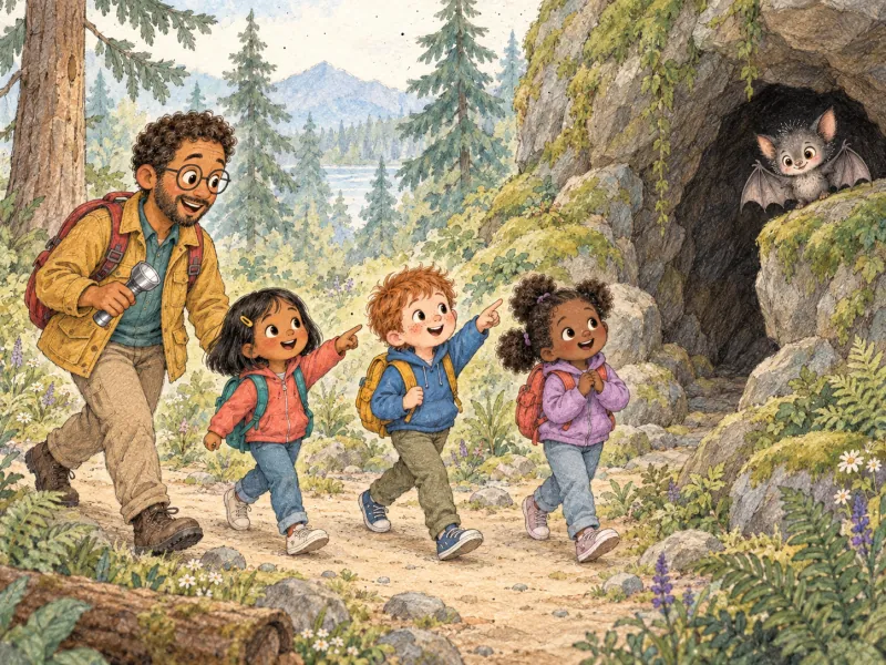 Mr. Robbie leads Mia, Theo and Nora along a forest path toward a cave entrance.