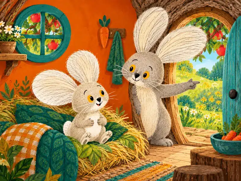 Zajo rubs his rumbling tummy while Mummy Rabbit points toward the waking farmyard.