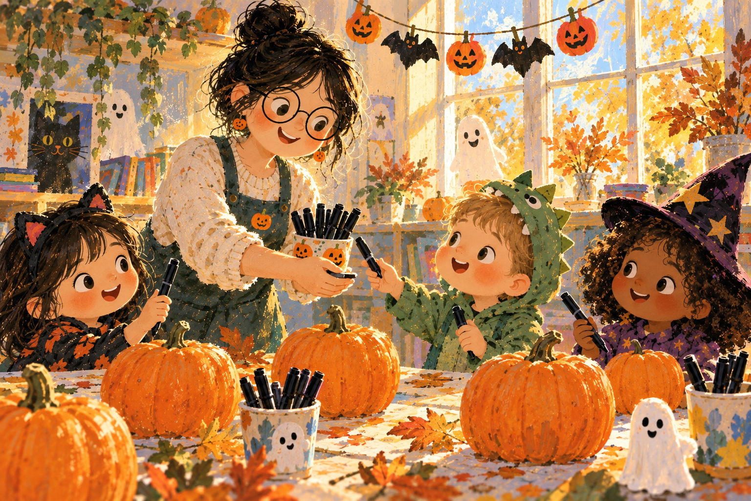 Miss Hazel gives the children black markers for safe Halloween pumpkin decorating.