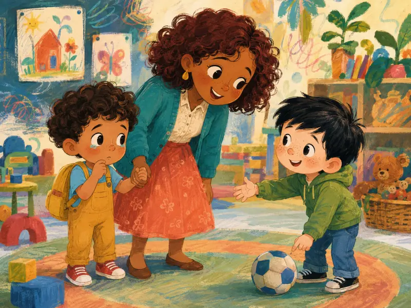 Miss Rosie gently introduces Milo to Toby in the preschool classroom.
