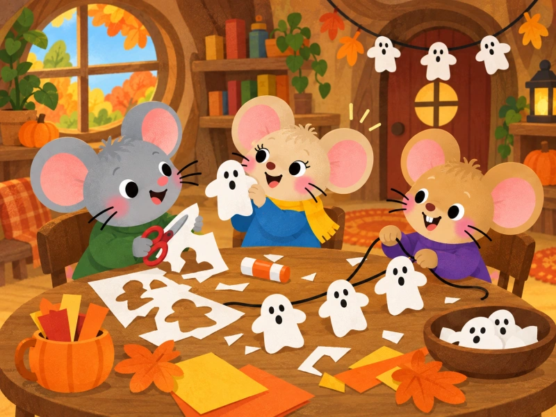 The three little mice cut paper ghosts and tie them into a garland