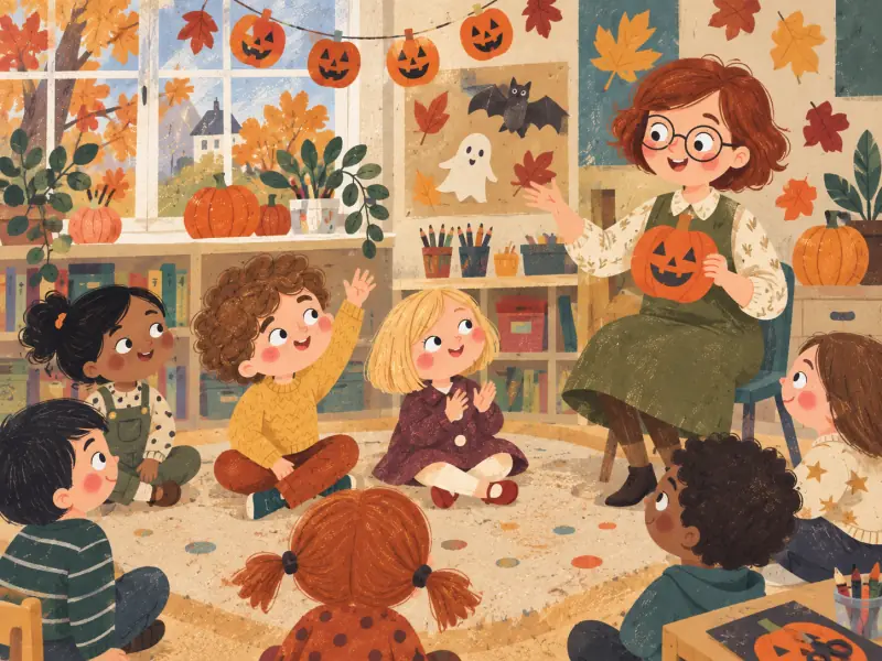 Ms. Parker announcing the Halloween costume party to Brian, Mia and their preschool classmates