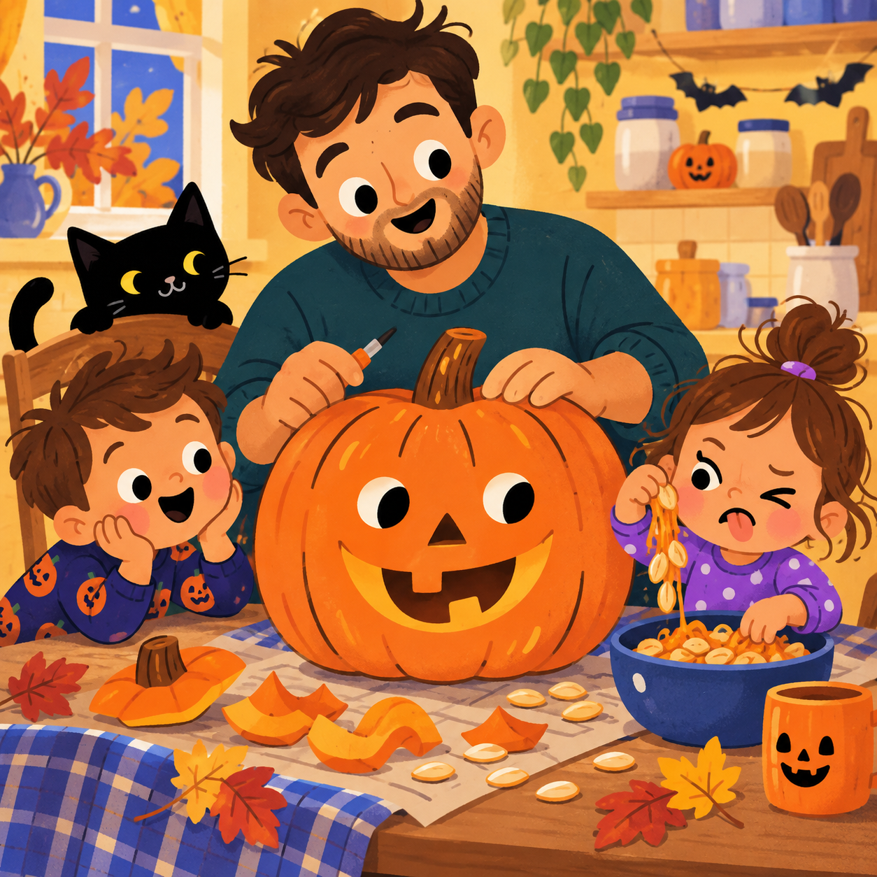 Dad carves a friendly pumpkin while Ollie watches and Suzy pulls slippery seeds from a bowl.
