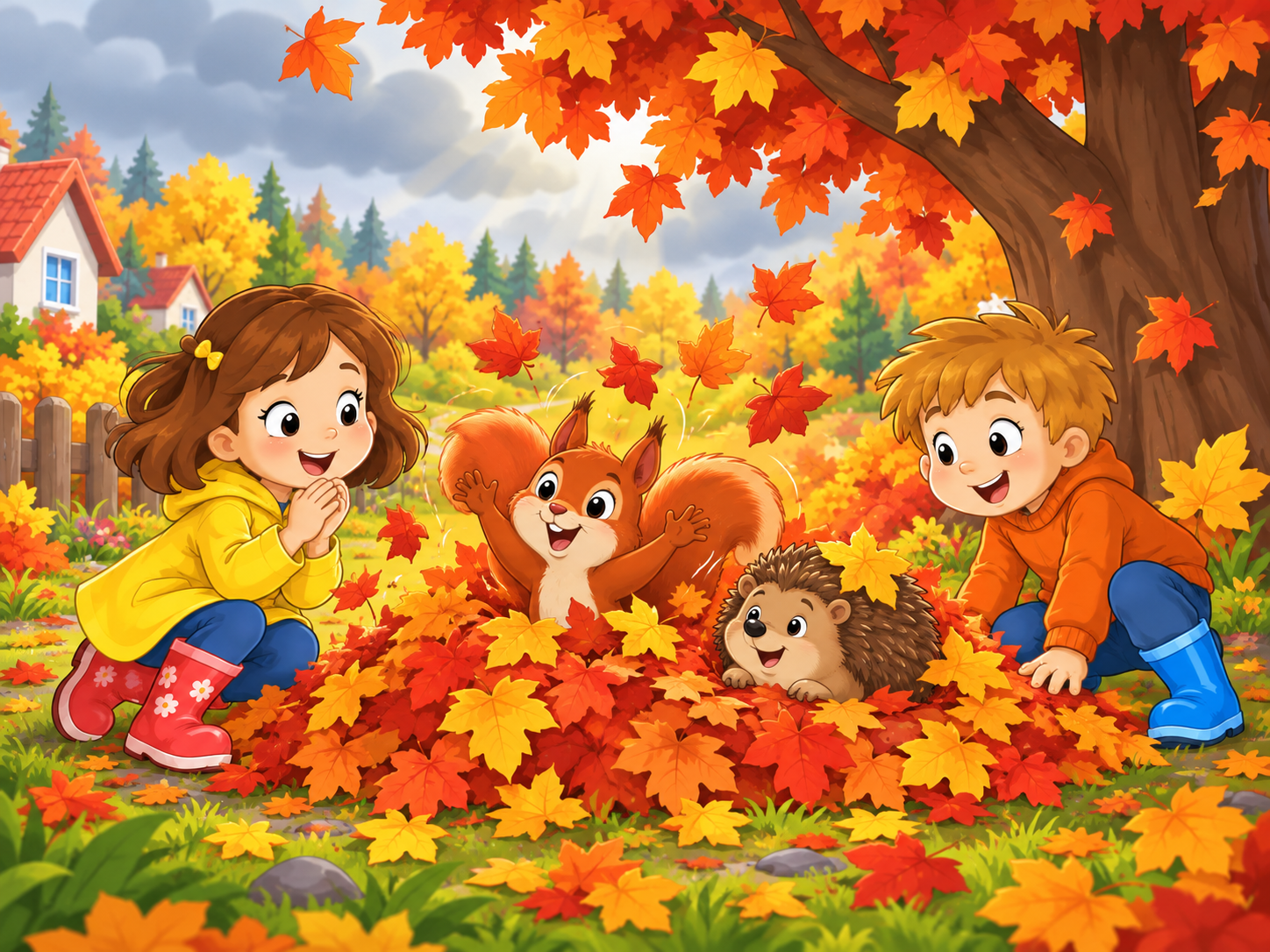 Rusty the squirrel and Roly the hedgehog appear from the magical leaf pile.