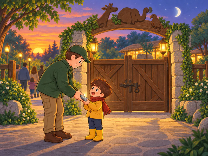 Dad gives Steve his own small silver flashlight beside the closed zoo gate.