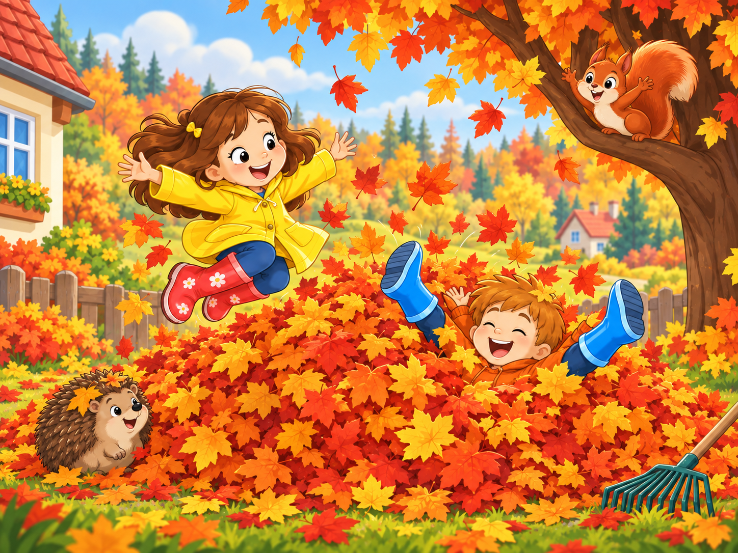 Nina and Timo jump into the giant leaf pile, their autumn swimming pool.