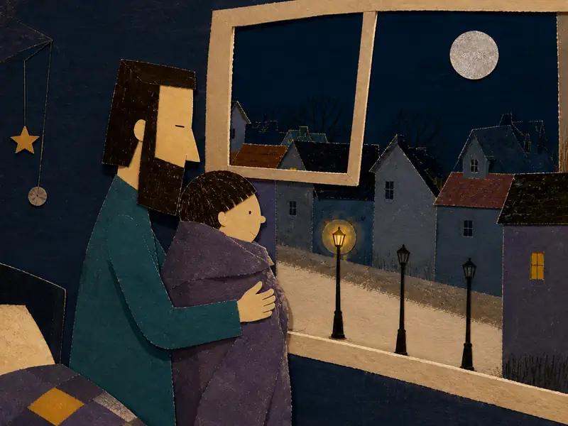Daddy carries Theo to the window as the first streetlamp begins to glow.