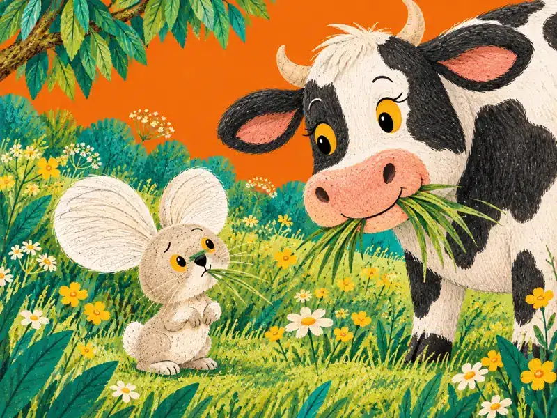 Cow chews fresh grass while Zajo tastes a blade with a funny green piece on his nose.