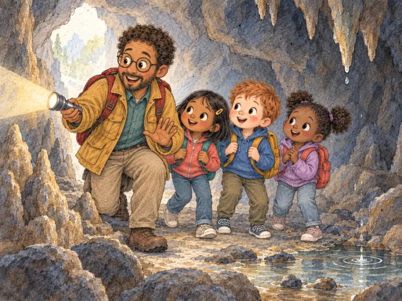 Mr. Robbie and the children step carefully into a cool cave as water drips into a small pool.