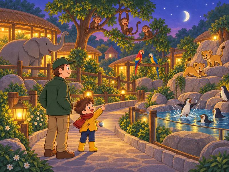 Steve and Dad listen to the zoo's lively evening sounds beneath the moon.