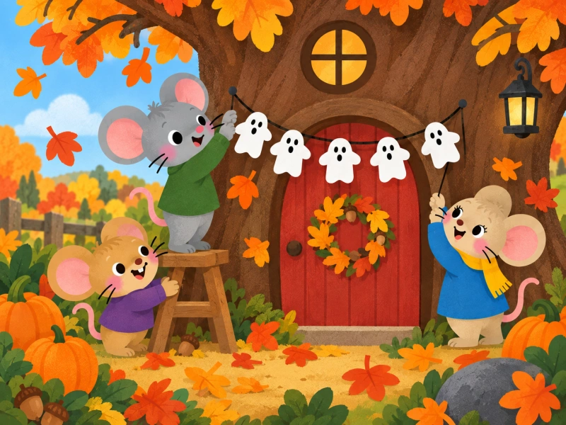 The mice hang their paper ghost garland above the tiny front door