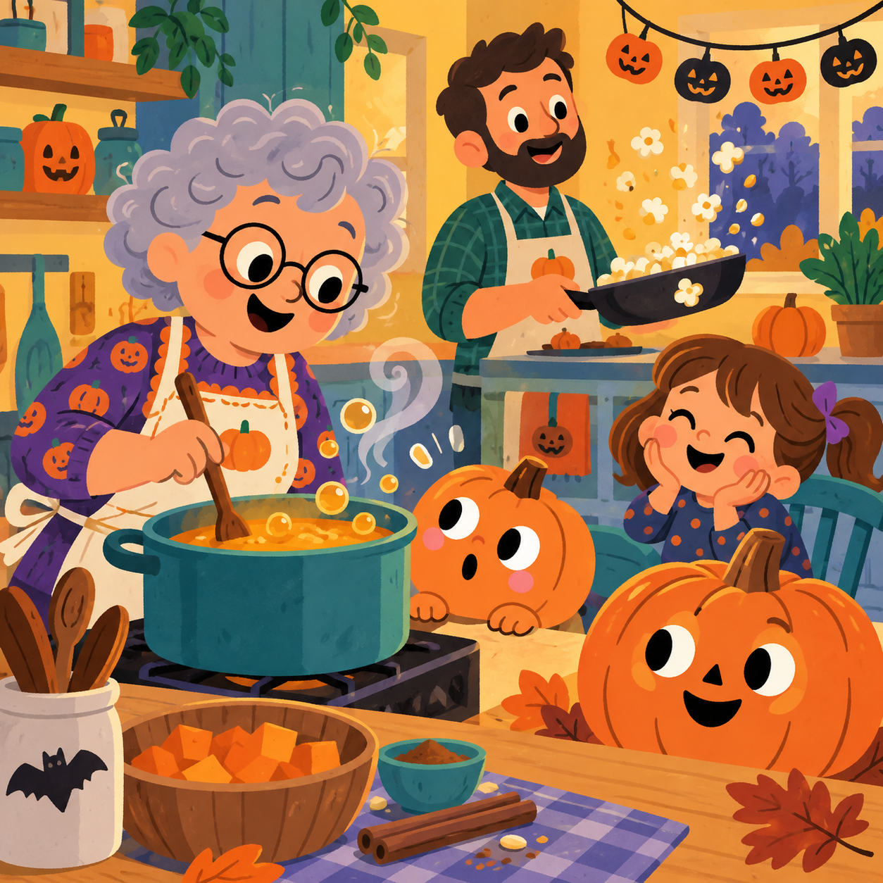 Grandma Betty stirs bubbling pumpkin filling while Dad pops popcorn and Tappy smiles from the kitchen table.