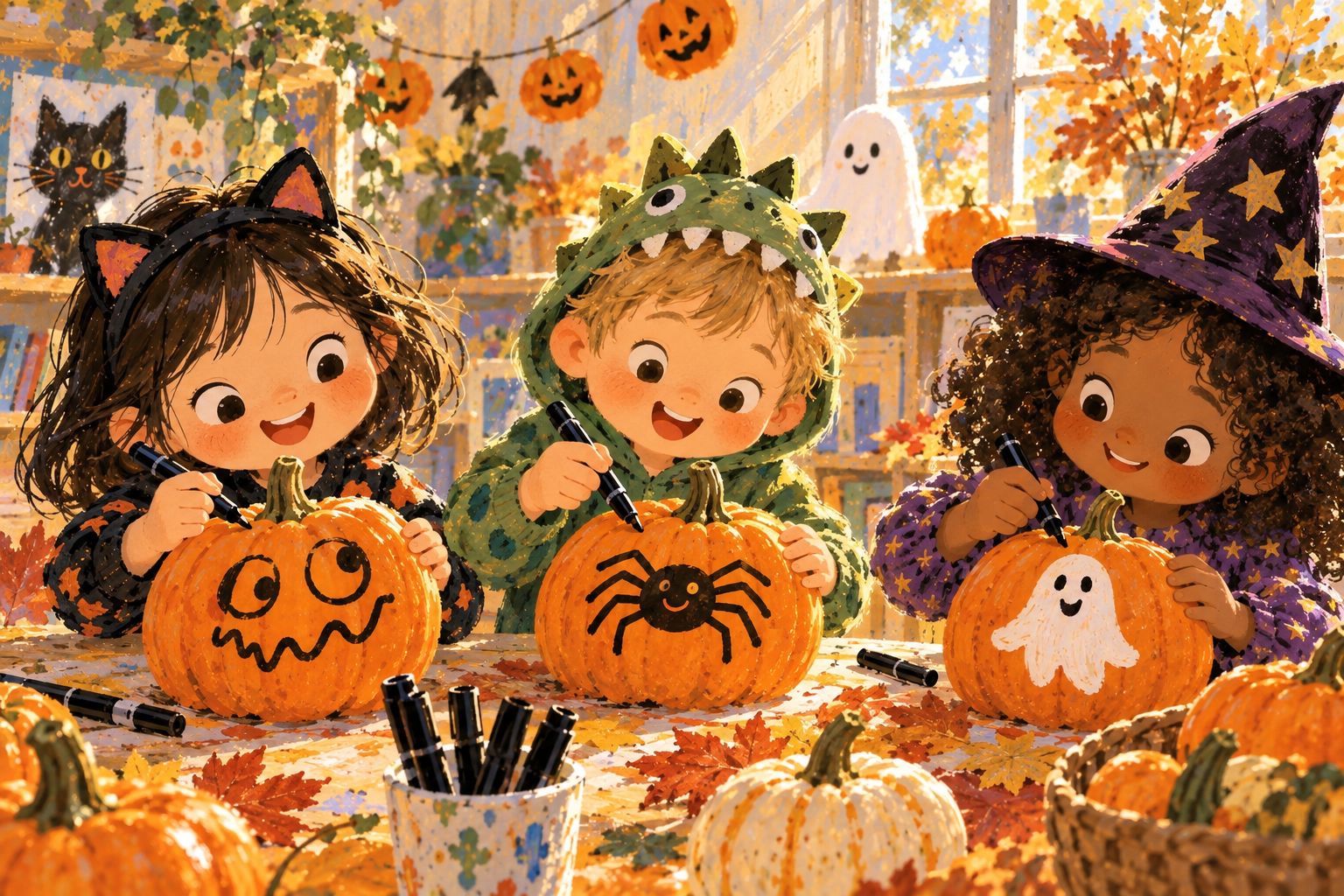 Maisie, Otis, and Zara draw a funny face, a spider, and a friendly ghost on pumpkins.