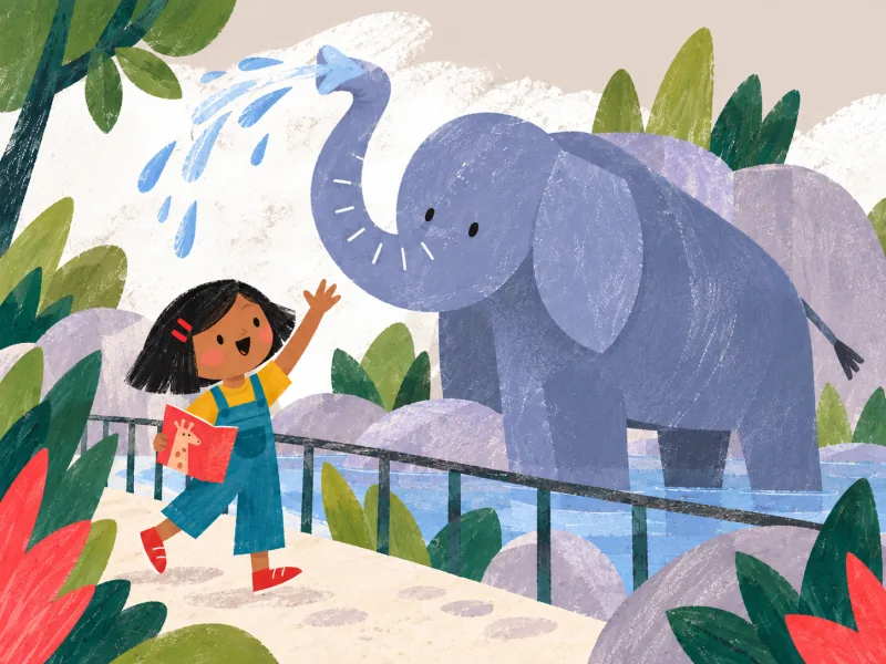 Un elefante amable levanta la trompa y rocía agua mientras Mia saluda.
