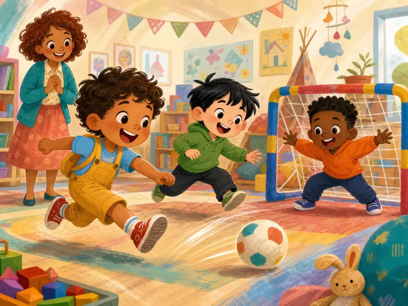 Milo and Toby happily pass a soft football in the classroom.