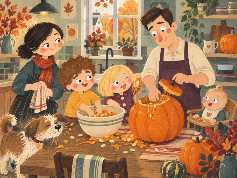 Brian and Mia scooping seeds from a pumpkin while Dad carves and the family watches