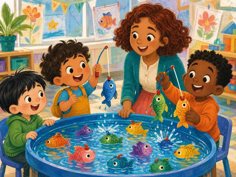 Milo and Finn laugh while catching colorful toy fish at a water table.