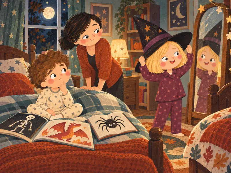 Brian considering skeleton, dragon and spider costumes while Mia tries on a witch hat