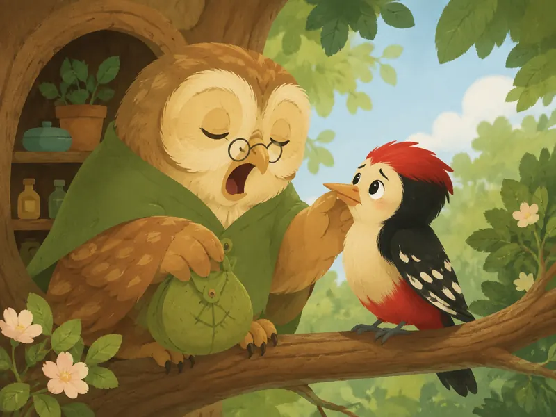 The sleepy owl doctor gently examines Danny’s shortened beak.