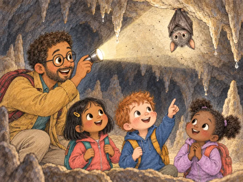 Mr. Robbie shines his flashlight on a small bat hanging upside down while the children look up.