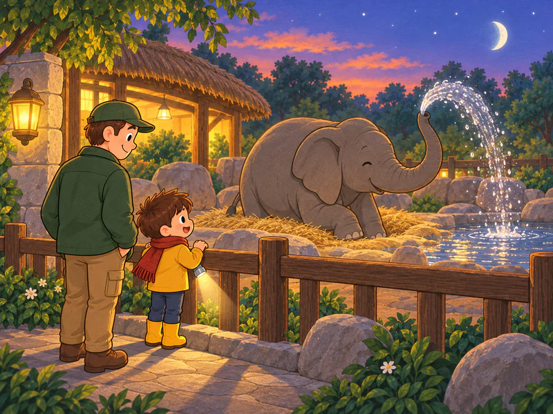 The elephant sprays one last fountain before settling down to sleep.