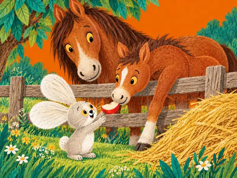 A foal offers Zajo a red apple slice beside the mother horse and a golden pile of hay.