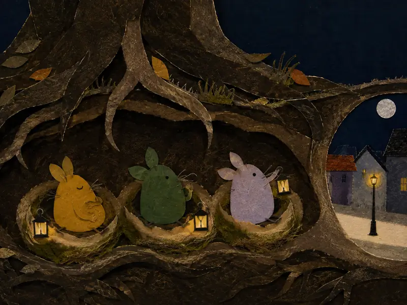 Three Little Lamplings wake in mossy beds beneath the roots of an old tree.