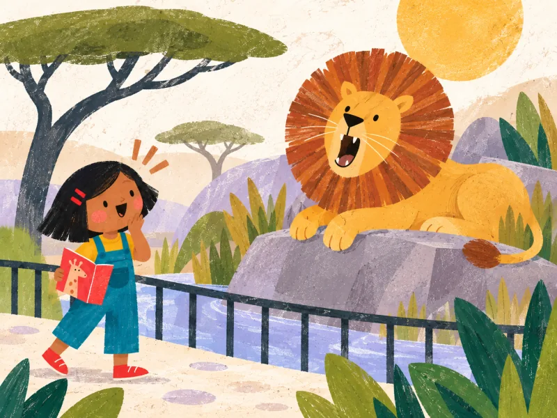 Mia escucha a un león amistoso rugir con fuerza mientras descansa bajo el cálido sol.