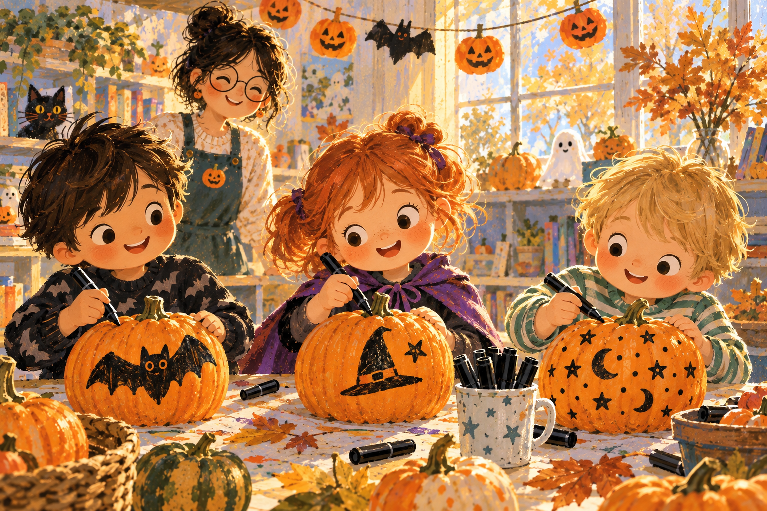 Milo, Pippa, and Rory draw a bat, a witch hat, and stars and moons on pumpkins.
