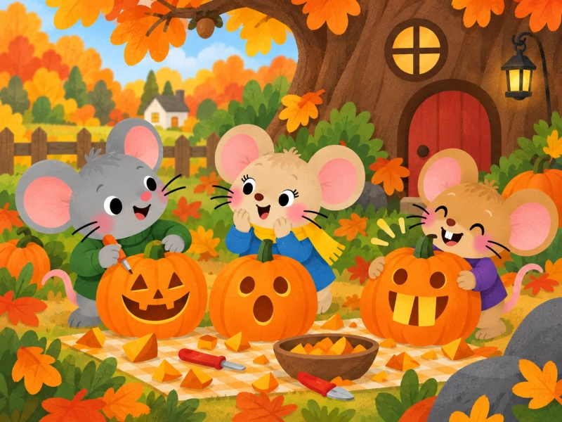Milo, Pippa, and Nibbles make three funny pumpkin faces in the garden