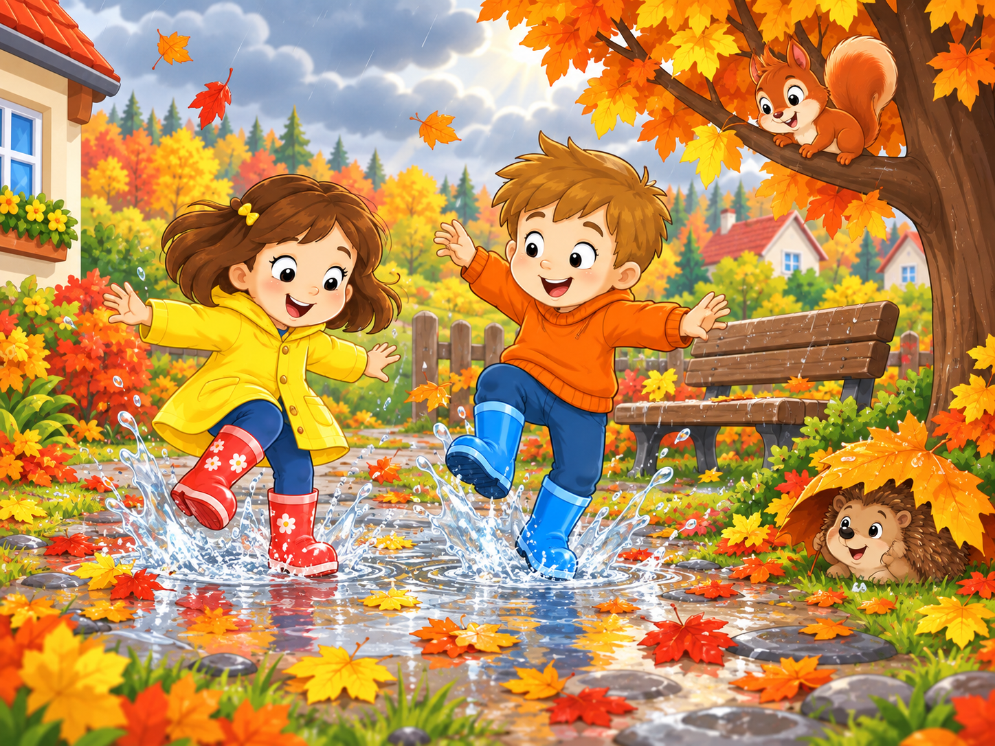 The children splash in a sparkling puddle while Roly hides under a leaf.
