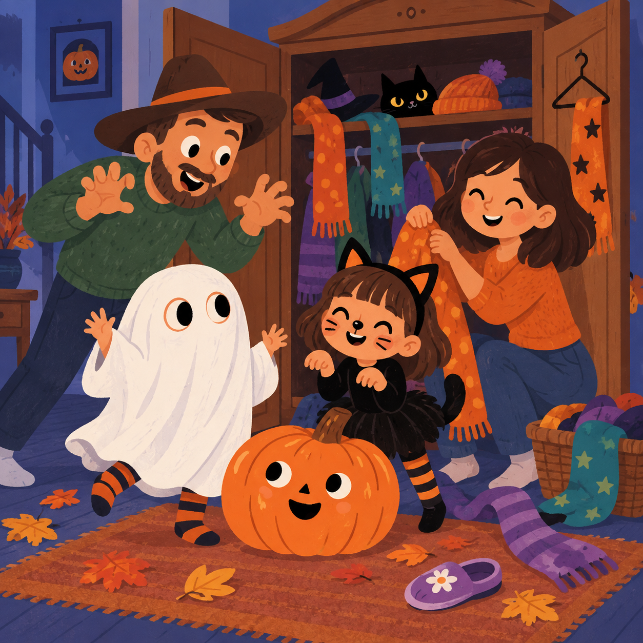 Ollie dresses as a little ghost, Suzy dresses as a cat, and Shushu peeks from the open wardrobe.